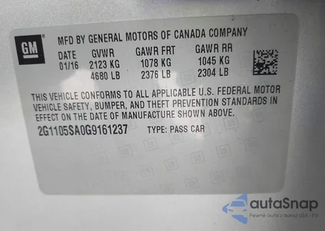 2016 Chevrolet Impala 1Lt from USA, damaged, VIN 2G1105SA0G9161237